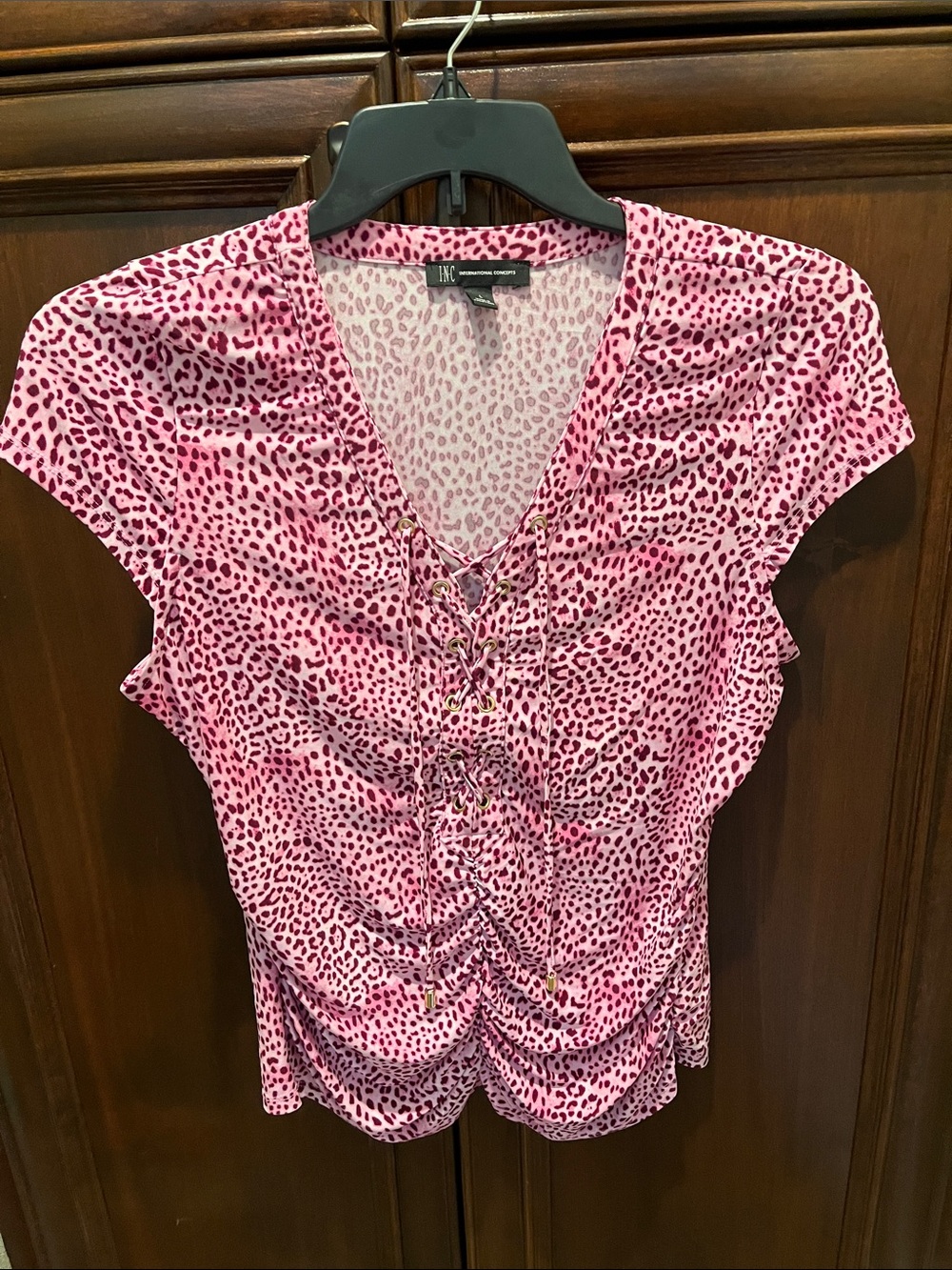 INC International Concepts Pink Leopard-Print Lace-Up Short Sleeve Top